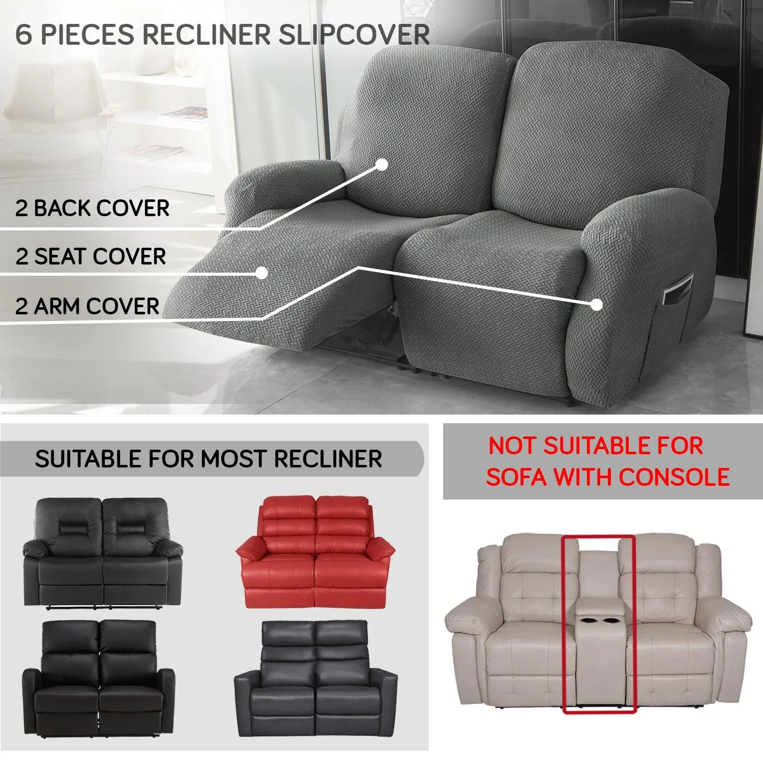 Grey Stretchable Jacquard Recliner Sofa Cover | Elastic & Anti-Slip