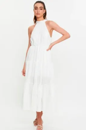 Halter Neck Backless Ruffle Dress White