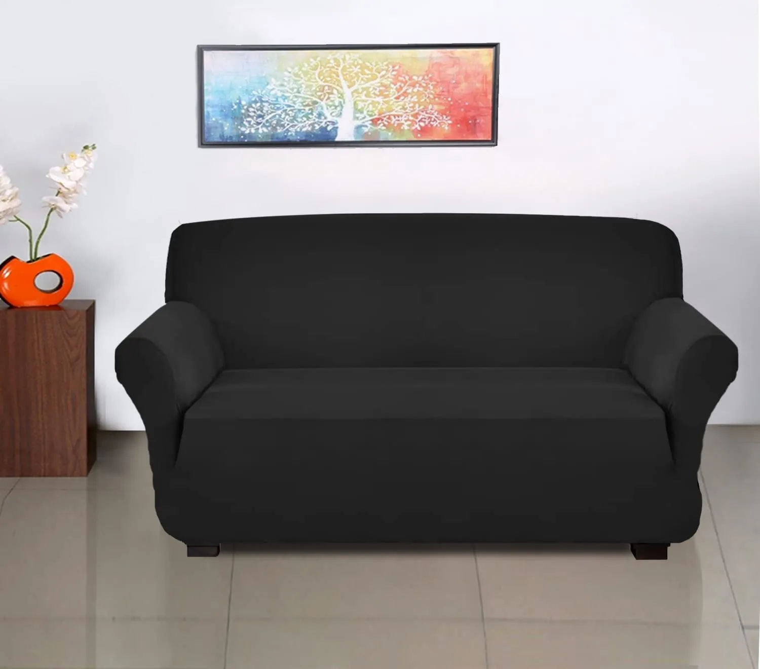 Heart Home Stretchable, Non-Slip Polyster 3 Seater Sofa Cover/Slipcover/Protector with Foam Stick (Black)-50HH01425