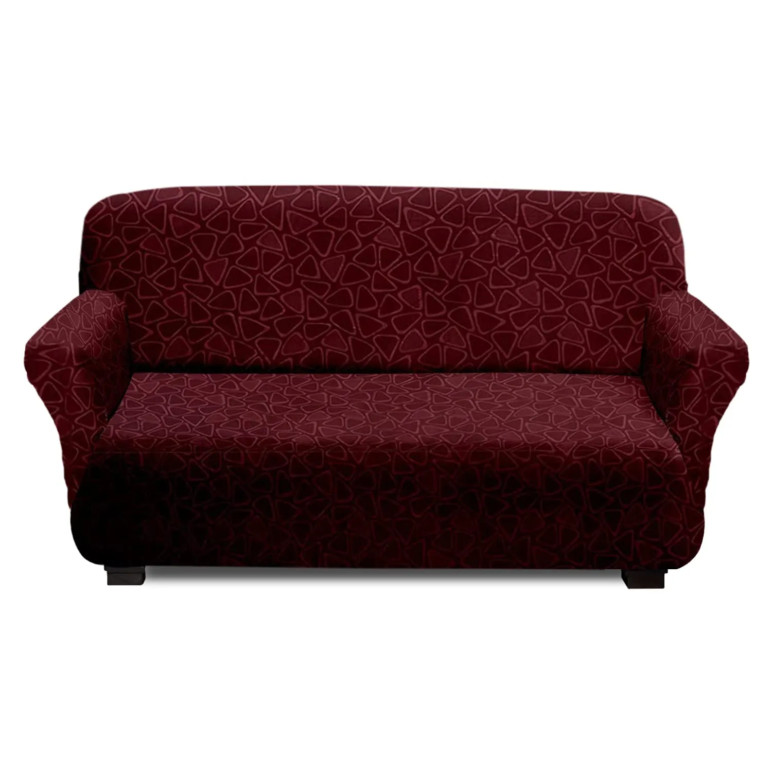 Heart Home Triangle Printed Stretchable, Non-Slip Polyster 1 & 3 Seater Sofa Cover/Slipcover/Protector Set with Foam Stick, Set of 2 (Maroon)-50HH01437