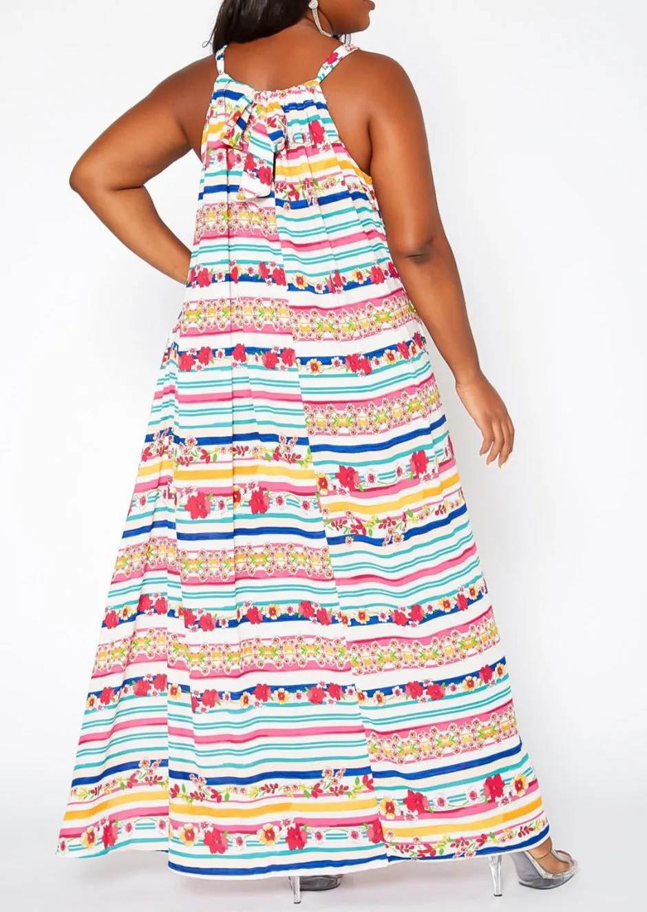 Hi Curvy Plus Size Women Floral Striped Maxi Flare Dress with Pockets