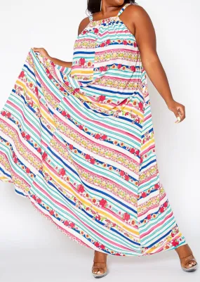 Hi Curvy Plus Size Women Floral Striped Maxi Flare Dress with Pockets