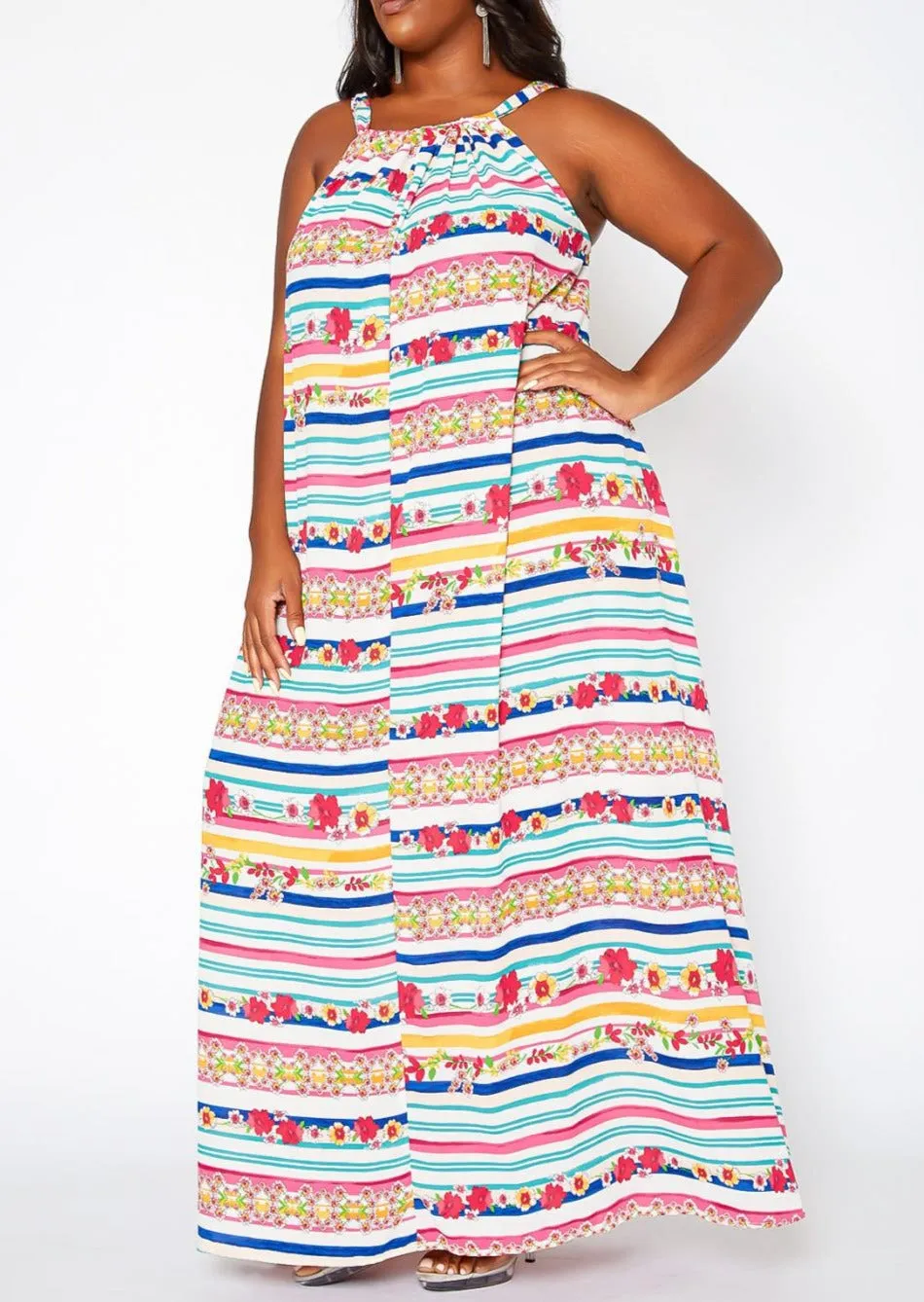 Hi Curvy Plus Size Women Floral Striped Maxi Flare Dress with Pockets