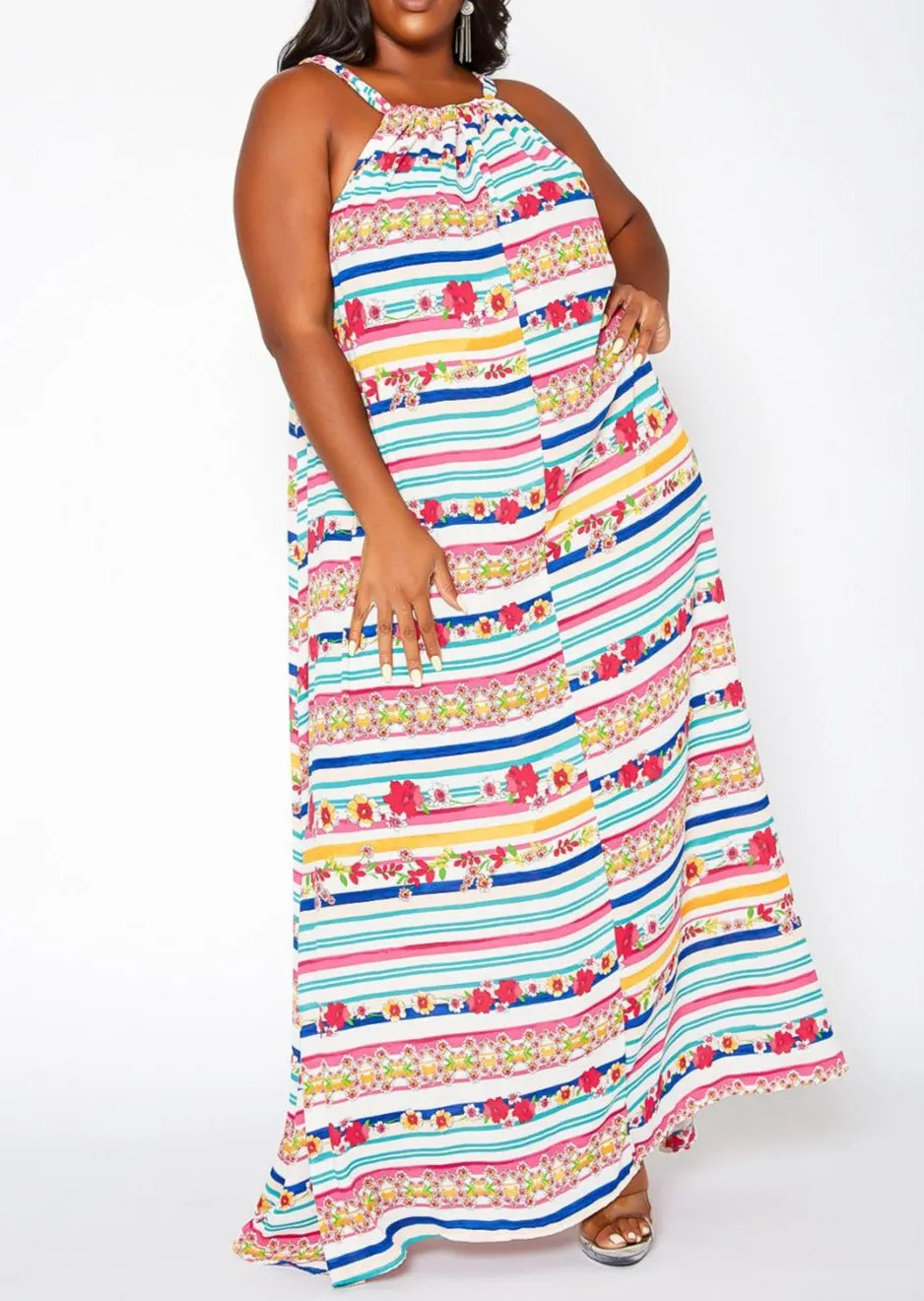 Hi Curvy Plus Size Women Floral Striped Maxi Flare Dress with Pockets