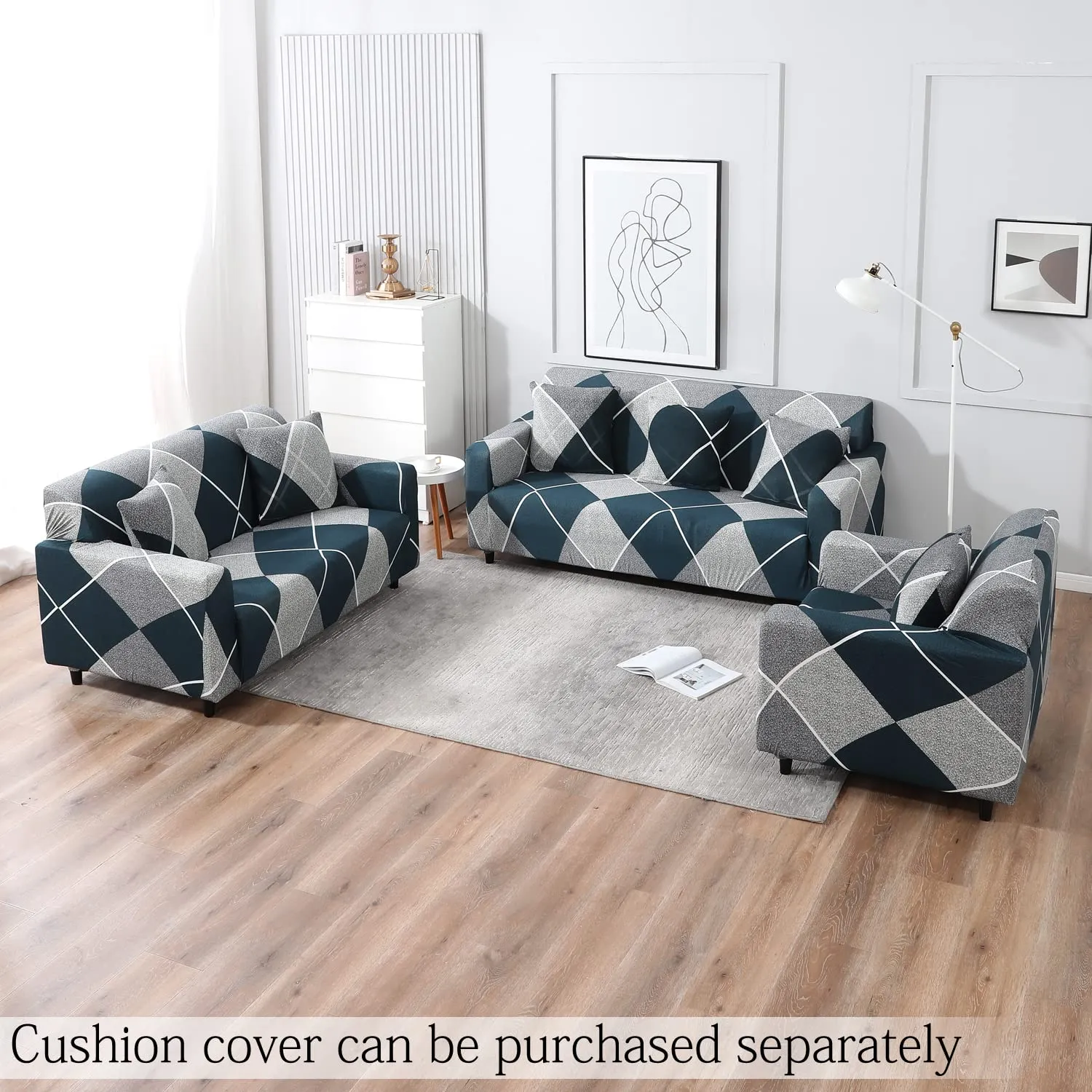 HOKIPO Elastic Stretchable Triple Seater Sofa Cover (AR-4095-D15)( Blue Rhombus)