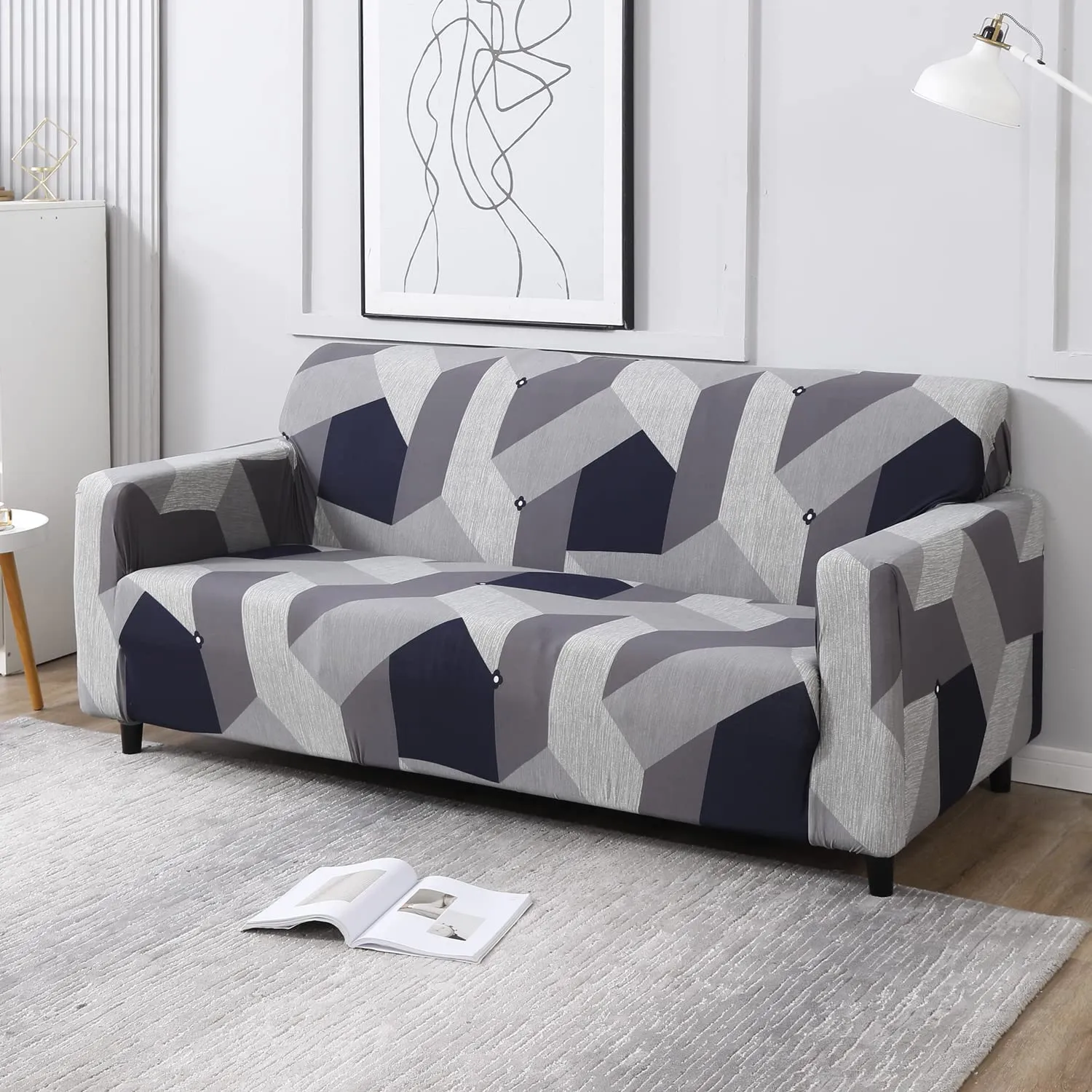 HOKIPO Elastic Stretchable Universal Sofa Cover 3 Seater (AR-4279-E14)( Geometric Grey)