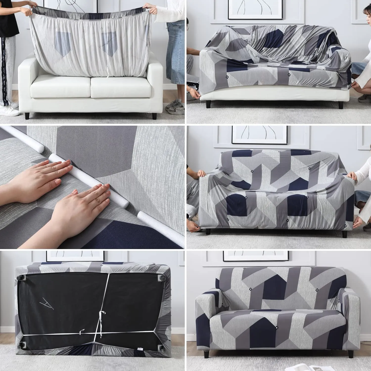 HOKIPO Elastic Stretchable Universal Sofa Cover 3 Seater (AR-4279-E14)( Geometric Grey)