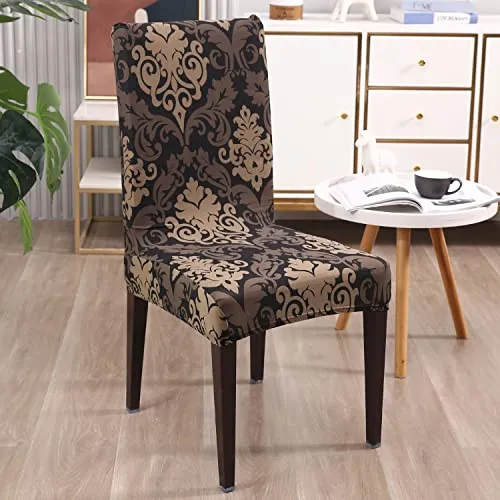 HOKIPO Polyester Blend Dining Chair Cover Set of 4 Seater Stretchable Elastic Slipcovers (Ar-4037-D2*4, Brown)