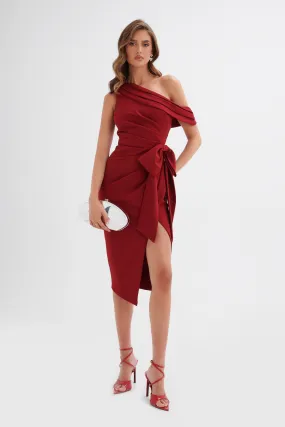 HONEY Asymmetric Pleated Bow Midi Dress in Burgundy