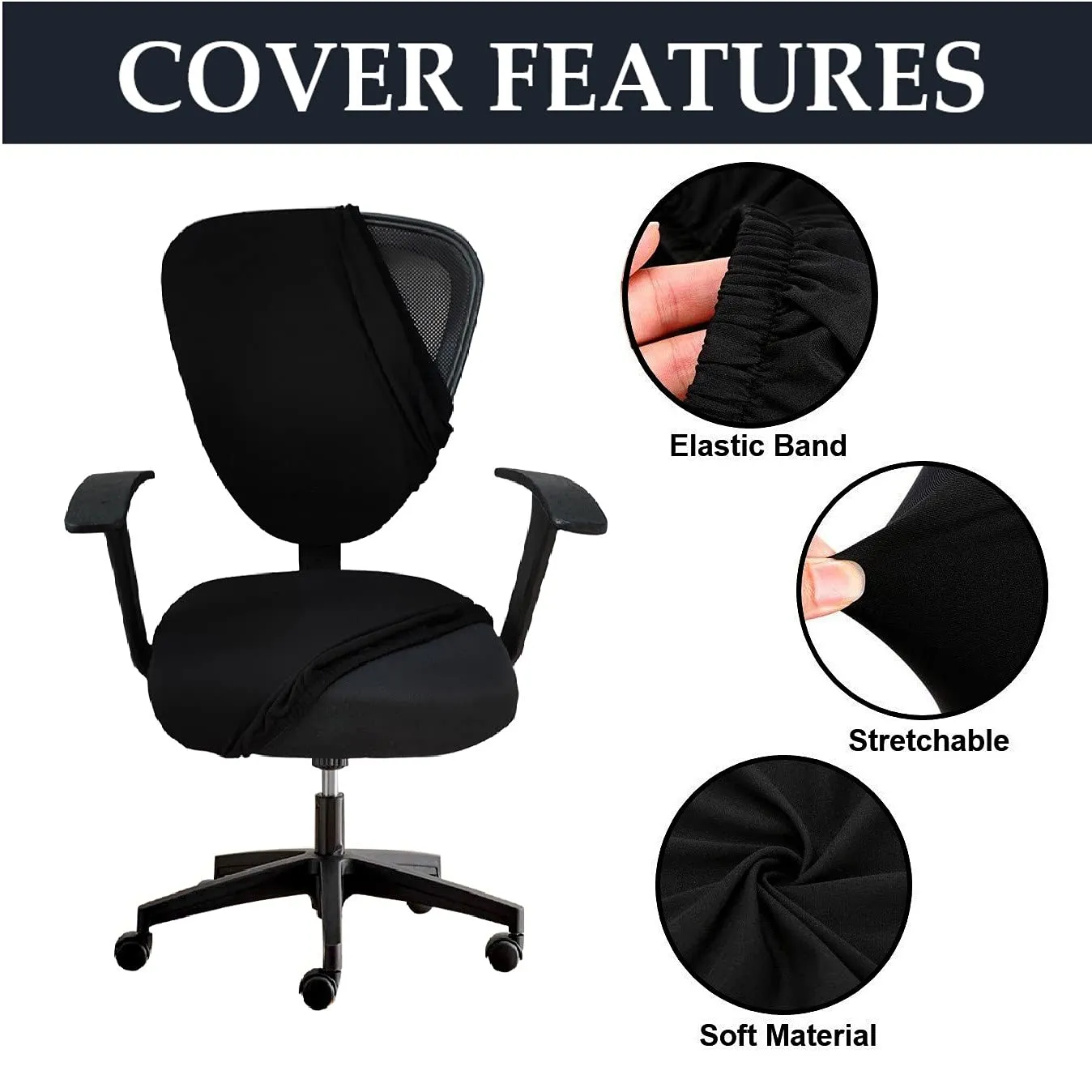 HOTKEI Black 2 Piece Office Chair Cover Pack of 1 Stretchable Elastic Polyester Blend Removable Washable Office Computer Desk Executive Rotating Chair Seat Covers Slipcover Protector