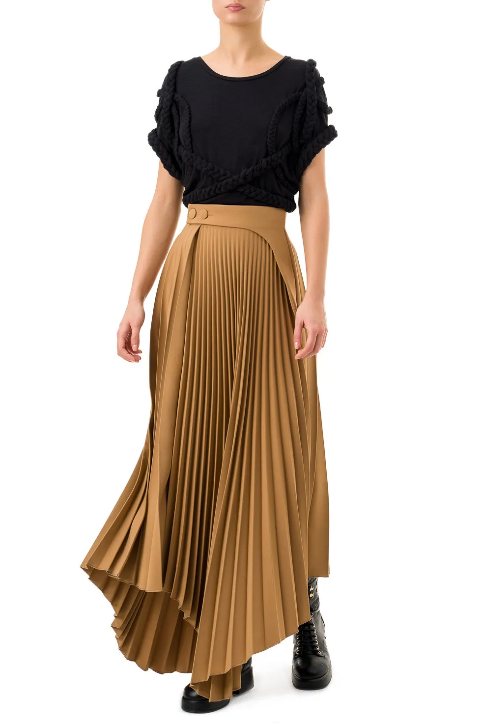 Jamila Brown Asymmetric Pleated Long Skirt