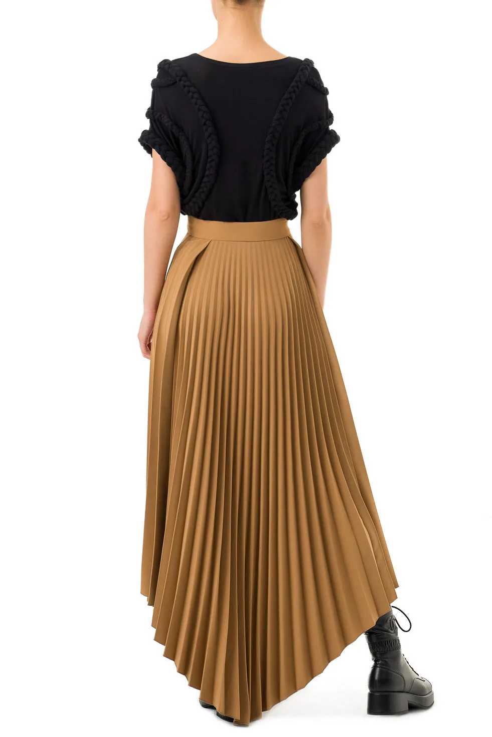 Jamila Brown Asymmetric Pleated Long Skirt