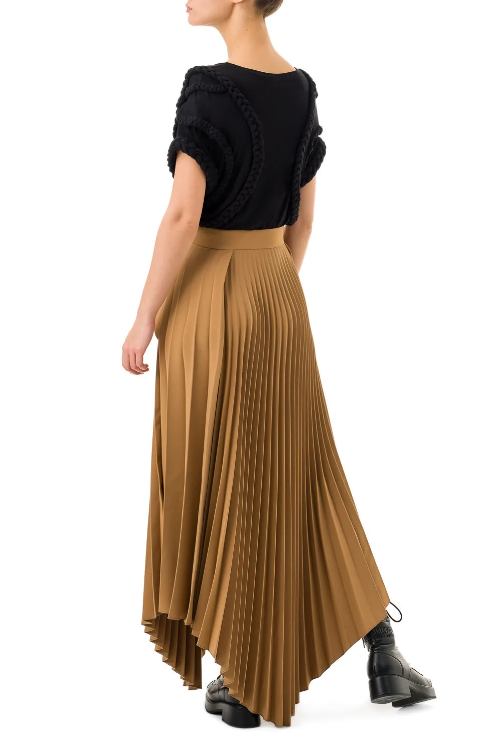 Jamila Brown Asymmetric Pleated Long Skirt