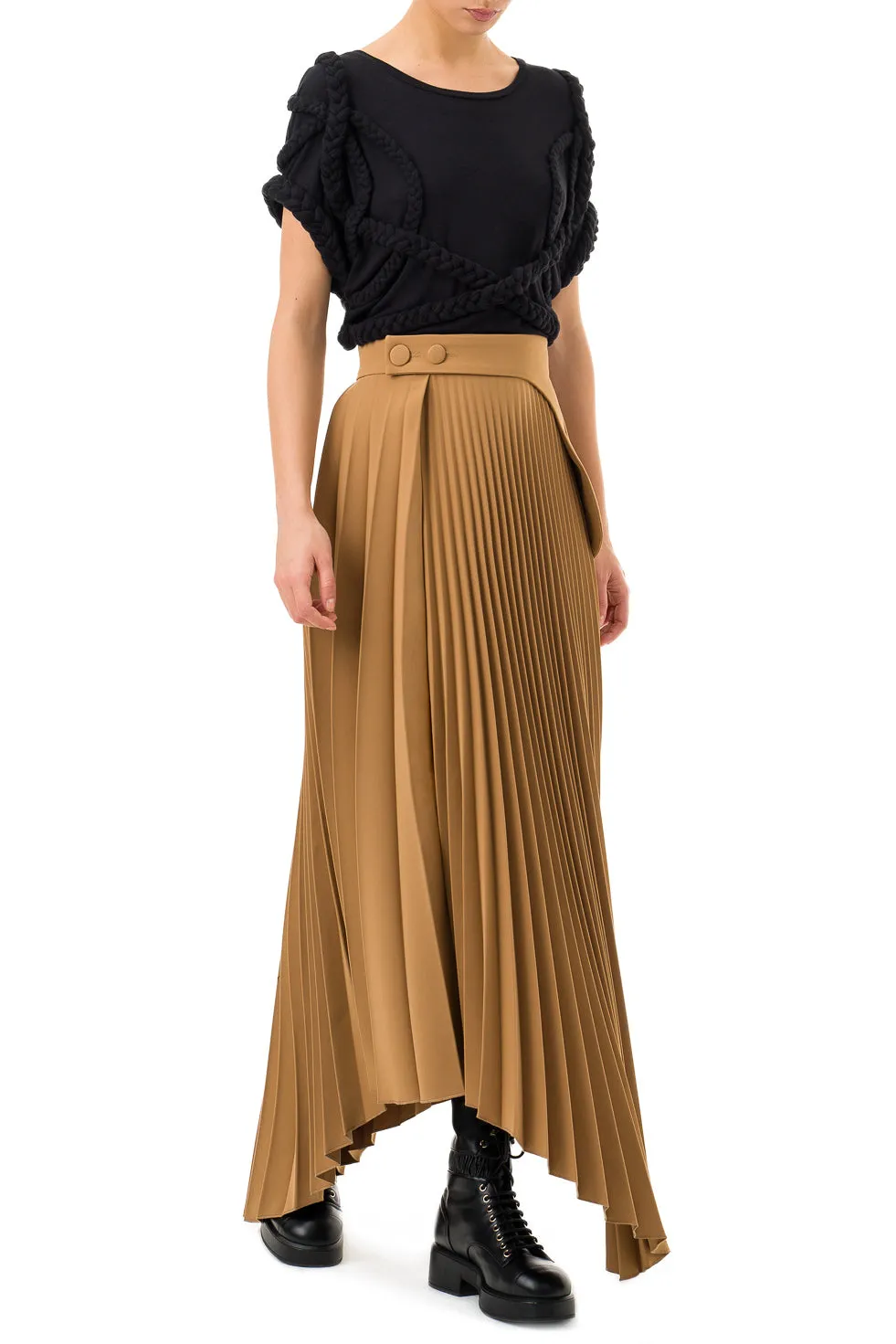 Jamila Brown Asymmetric Pleated Long Skirt