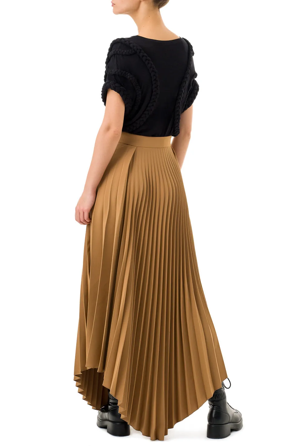 Jamila Brown Asymmetric Pleated Long Skirt