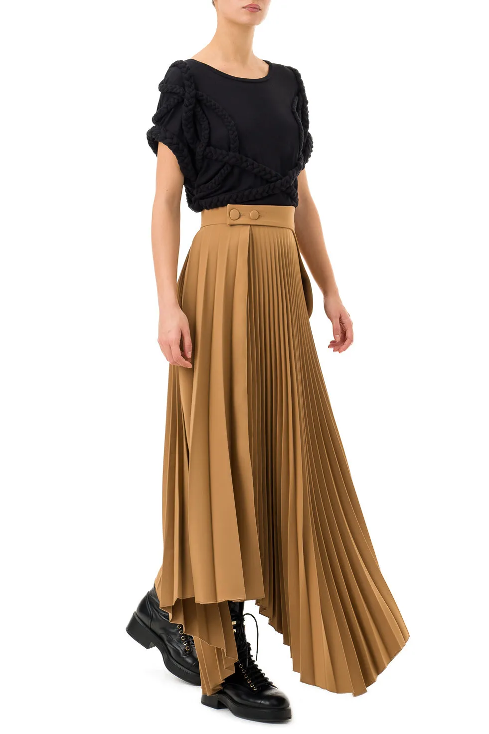 Jamila Brown Asymmetric Pleated Long Skirt