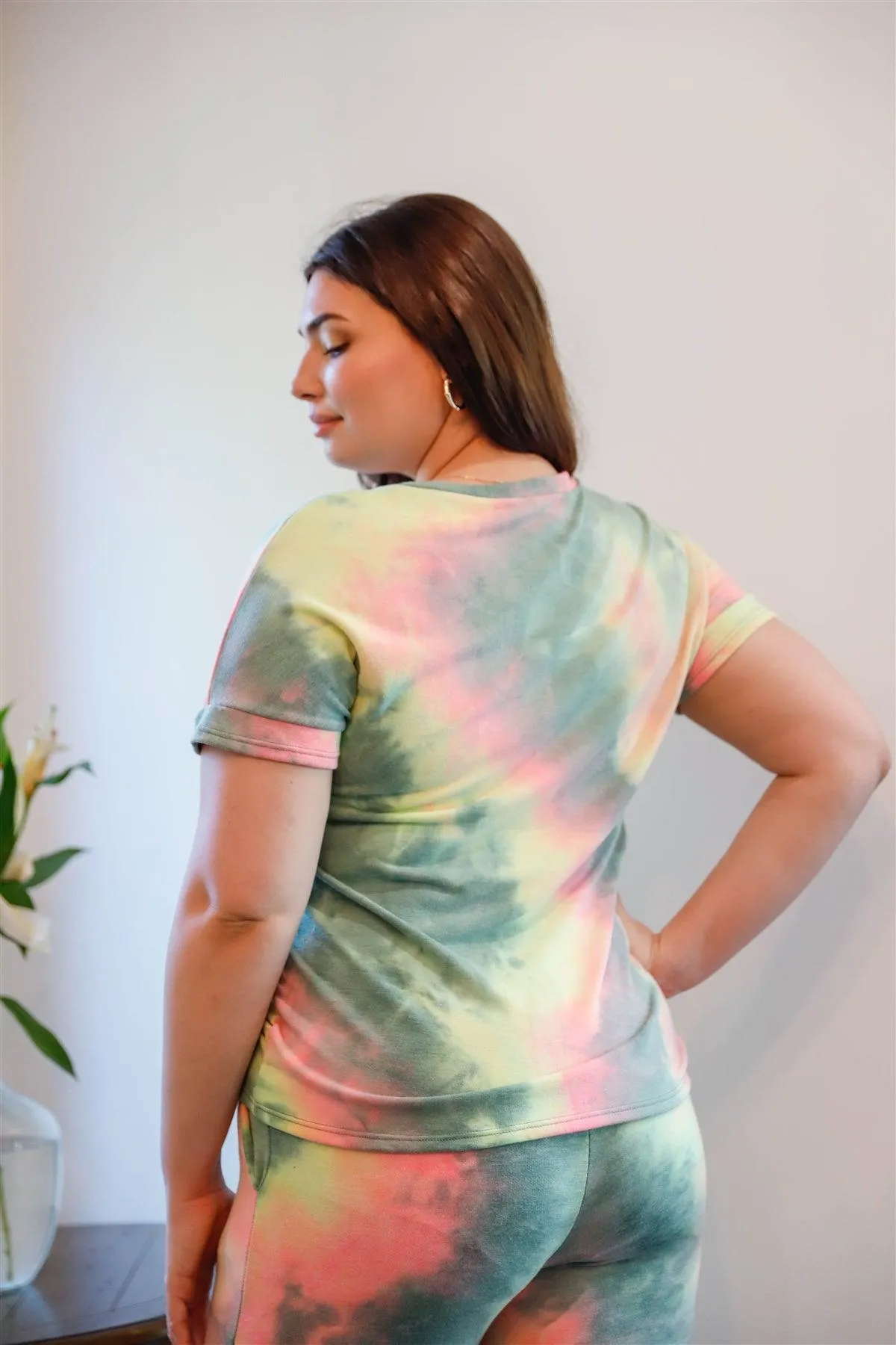 Junior Plus Size Olive Pink & Light Green Tie-Dye Short Sleeve Top & Sweatpants Set