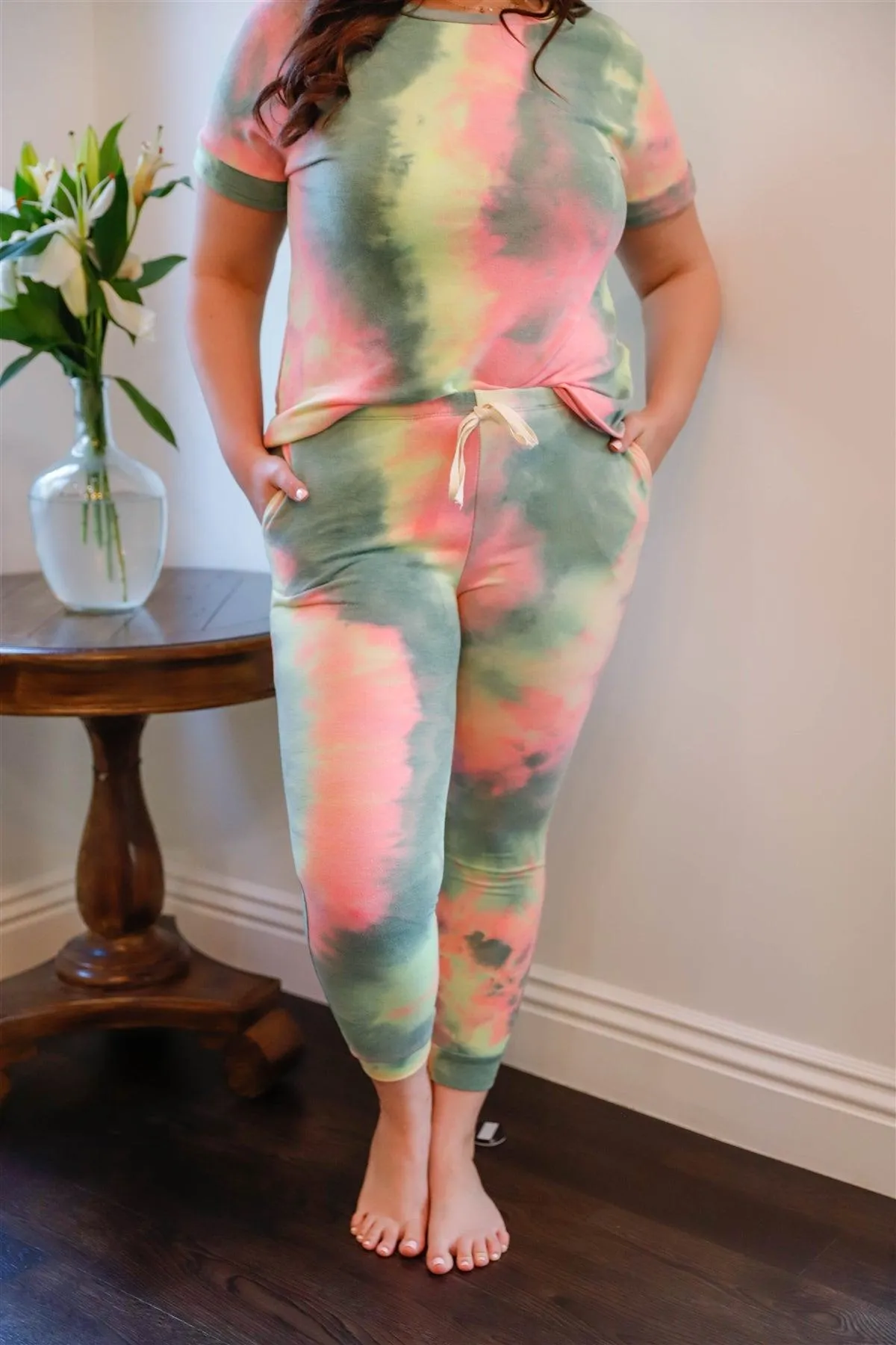 Junior Plus Size Olive Pink & Light Green Tie-Dye Short Sleeve Top & Sweatpants Set