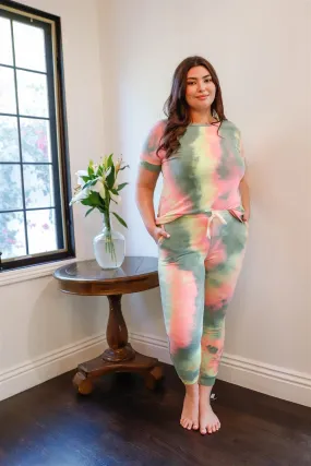 Junior Plus Size Olive Pink & Light Green Tie-Dye Short Sleeve Top & Sweatpants Set