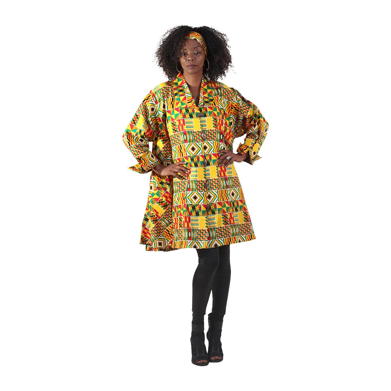 Kente Print Long-Sleeve Button Poncho