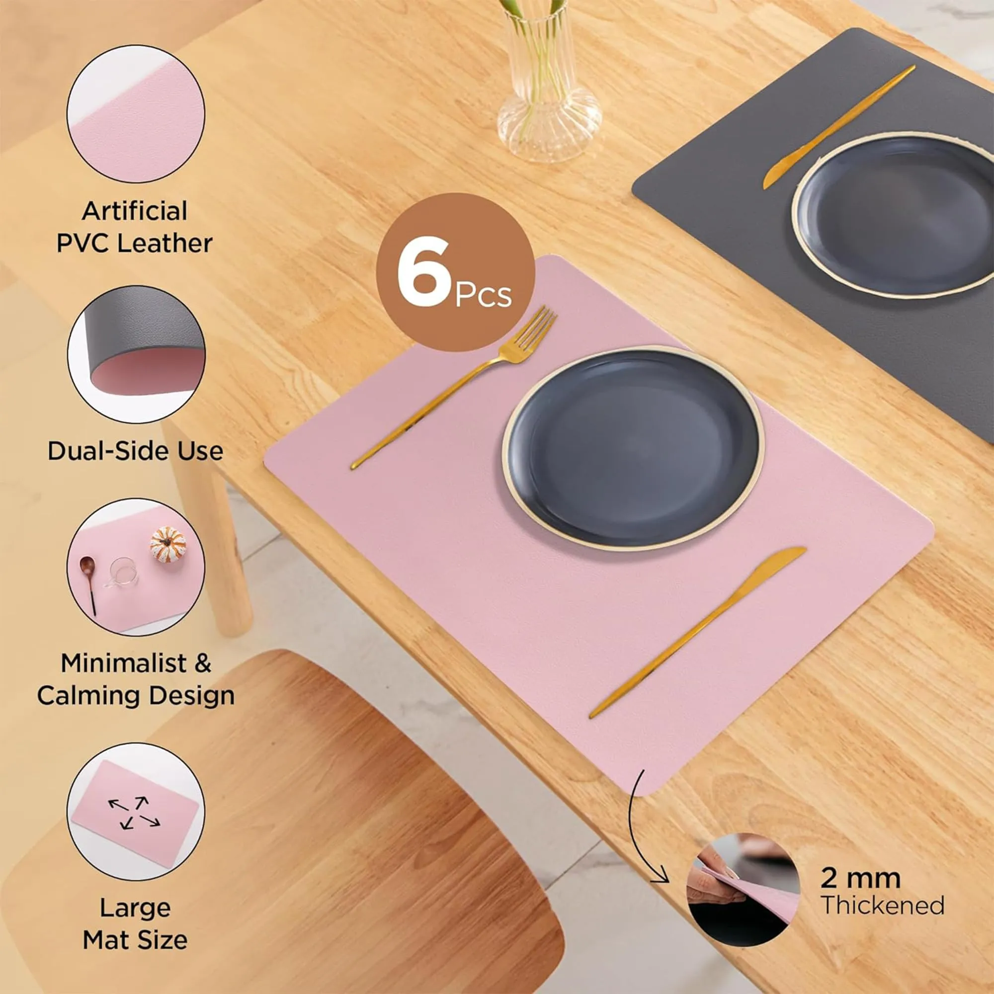 Kuber Industries 36 Pcs Waterproof Dining Table Mats | Anti-Skid Placemats for Food Plates & Hot Pots | for Home & Restaurants - Grey & Pink