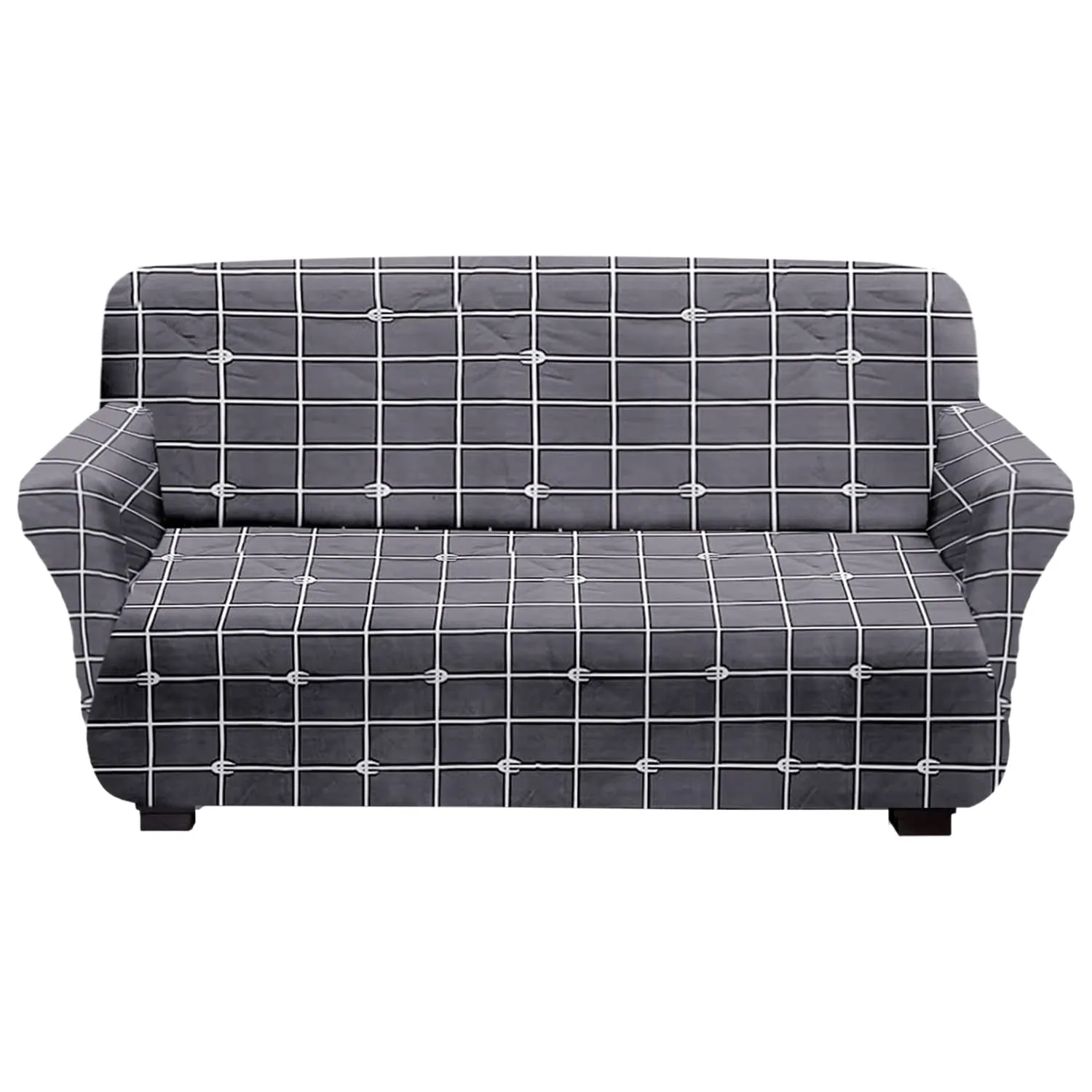 Kuber Industries Check Printed Stretchable, Non-Slip Polyster 1 & 3 Seater Sofa Cover & Chair Cover Set, Set of 3 (Grey)-50KM01451