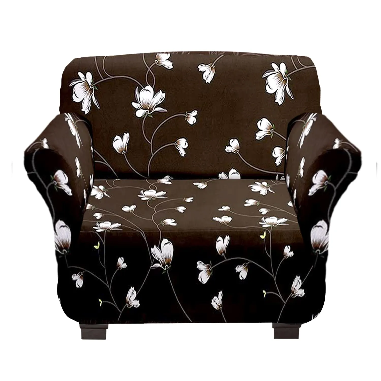 Kuber Industries Flower Printed Stretchable, Non-Slip Polyster 1 & 3 Seater Sofa Cover/Slipcover/Protector Set with Foam Stick, Set of 2 (Brown)-50KM01435, Standard