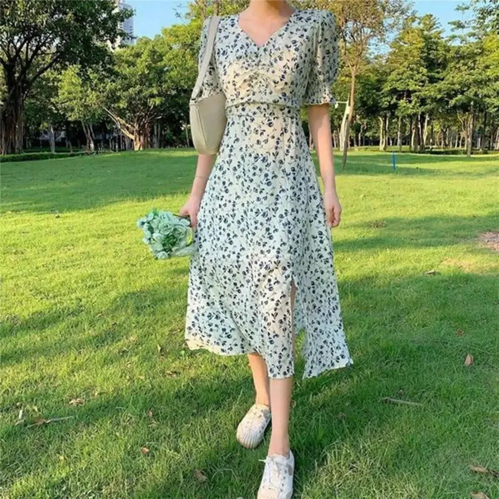 Lady Midi Dress Chic Breathable Side Split Contrast Color Lady Midi Dress Female Clothes  Summer Midi Dress  Women Summer Dress