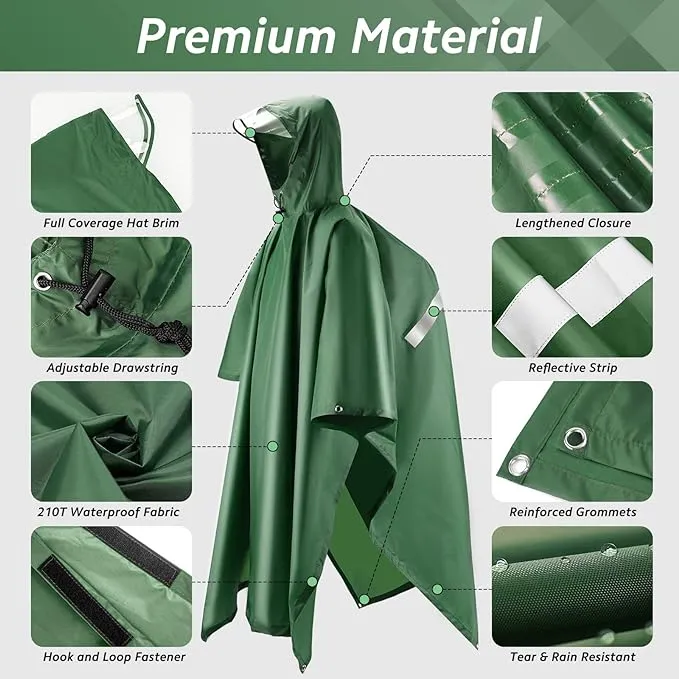 LAMA Multifunctional Raincoat Poncho, 3 in 1 Reusable Waterproof Raincoat/Sunshade Tarp/Tent Ground Sheet Mat with Carry Pouch for Bike Hiking Camping Outdoor Activitie