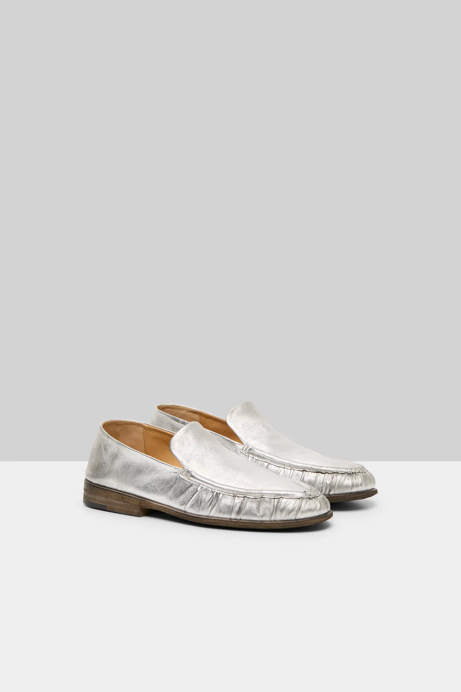 Laminated Leather Loafer Shoe in Silver Foil