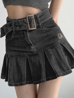 LANFUBEISI - Buckle Belt Pleated Denim Mini Skirt