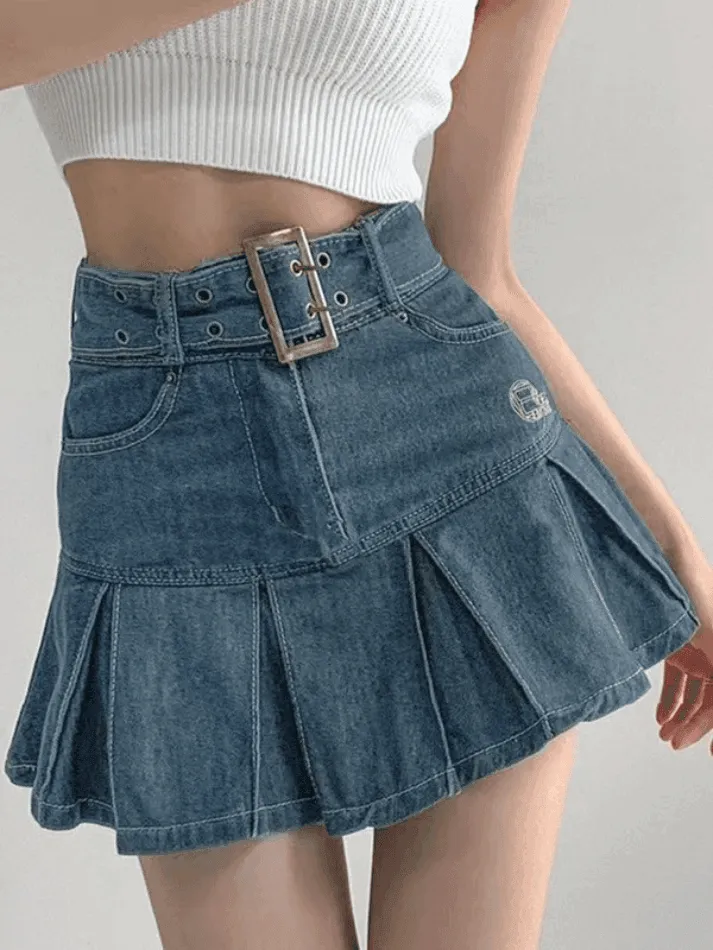 LANFUBEISI - Buckle Belt Pleated Denim Mini Skirt