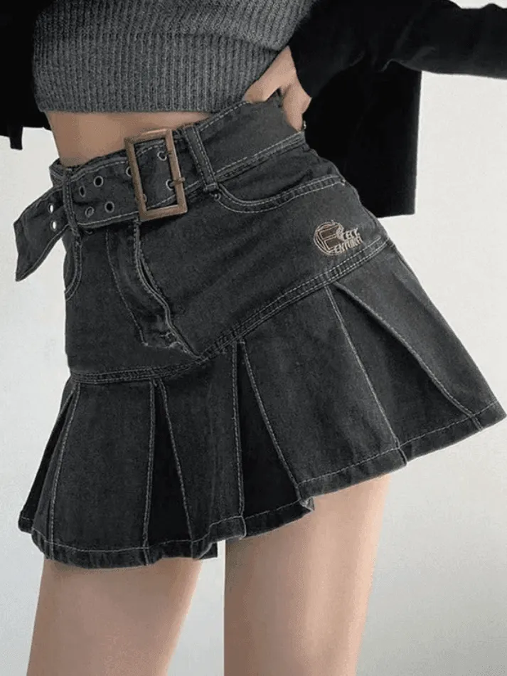 LANFUBEISI - Buckle Belt Pleated Denim Mini Skirt