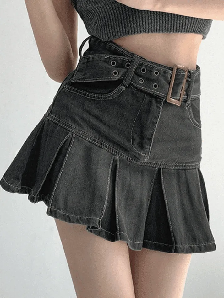 LANFUBEISI - Buckle Belt Pleated Denim Mini Skirt