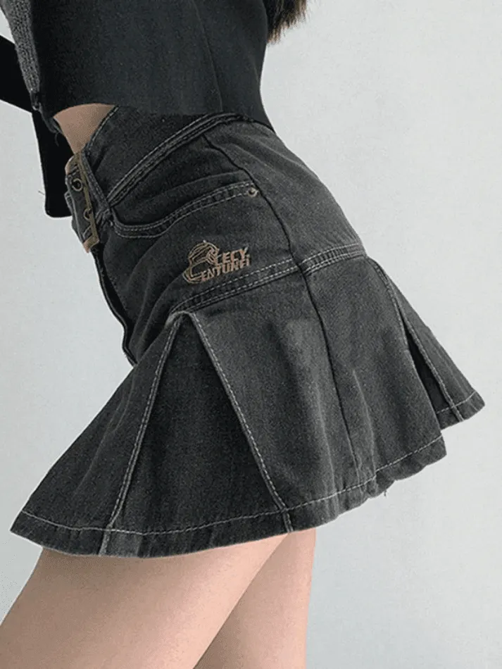 LANFUBEISI - Buckle Belt Pleated Denim Mini Skirt