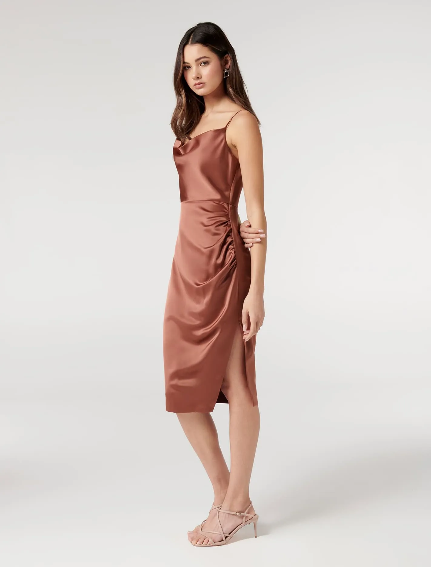 Laura Petite Satin Cowl Ruched Midi Dress