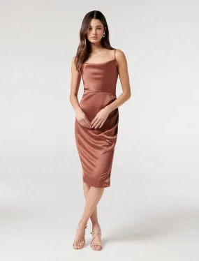 Laura Petite Satin Cowl Ruched Midi Dress