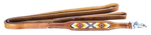 Leather Dog Leash Beaded Inlay Red, Orange, and Yellow