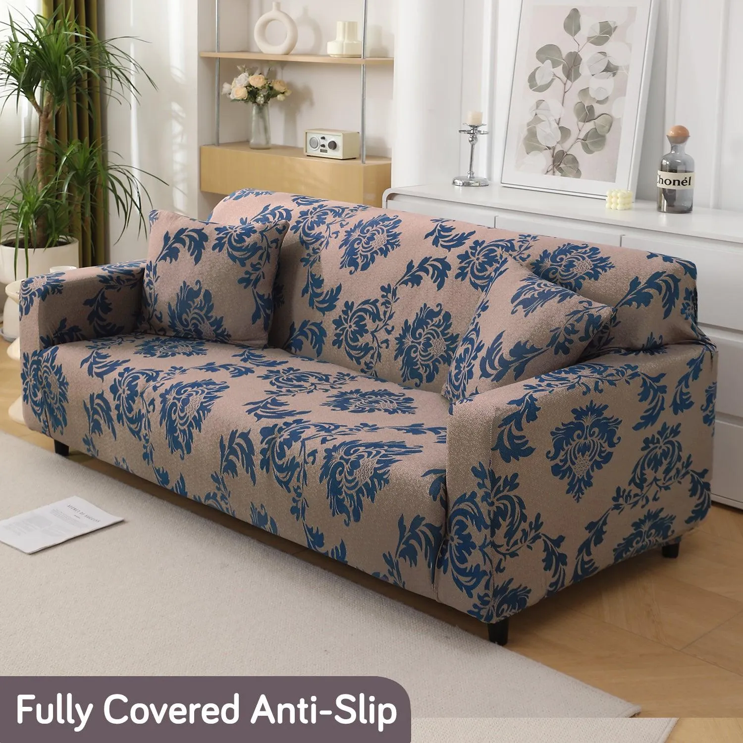 Light Coffee Lotus Damask Printed Stretchable Sofa Cover