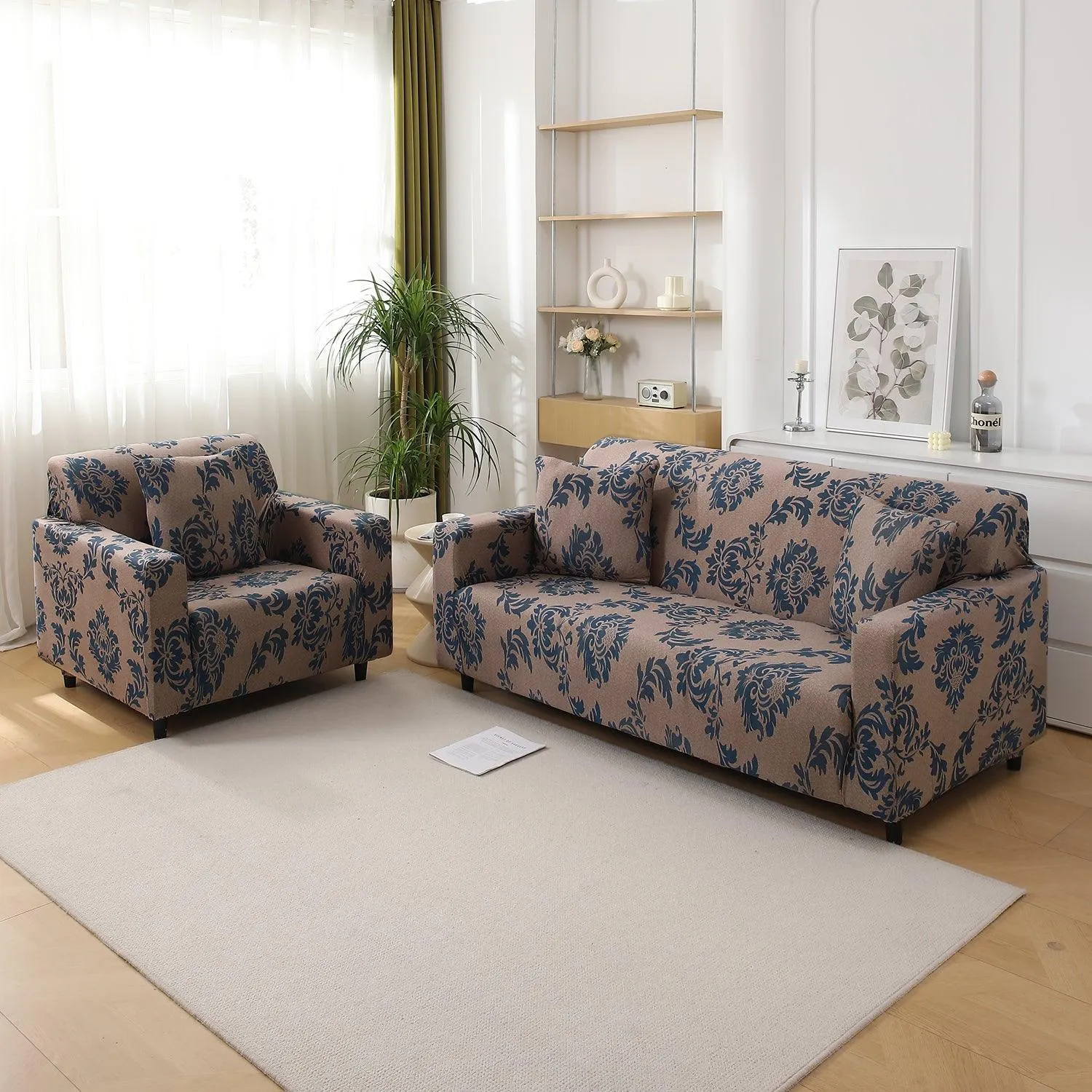 Light Coffee Lotus Damask Printed Stretchable Sofa Cover