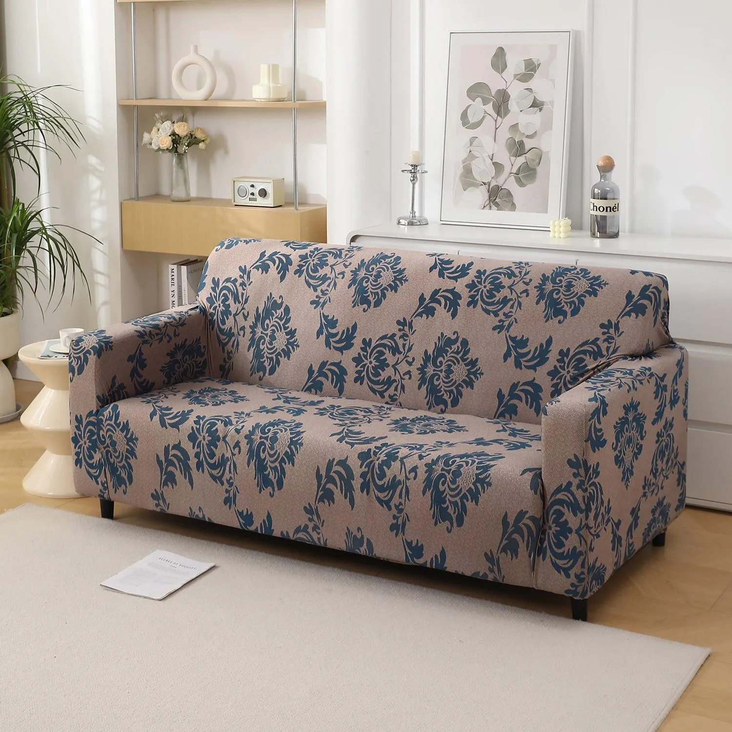 Light Coffee Lotus Damask Printed Stretchable Sofa Cover