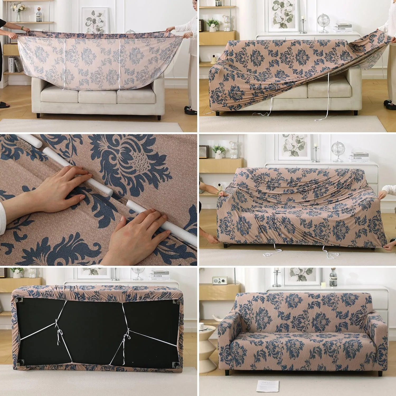 Light Coffee Lotus Damask Printed Stretchable Sofa Cover