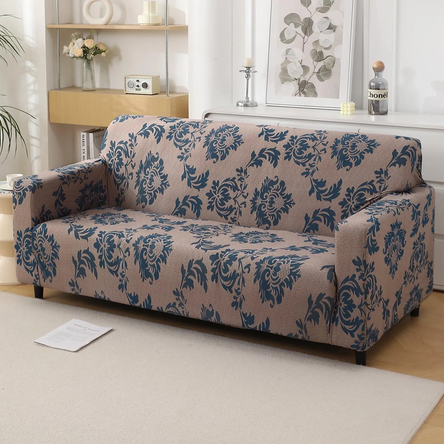 Light Coffee Lotus Damask Printed Stretchable Sofa Cover