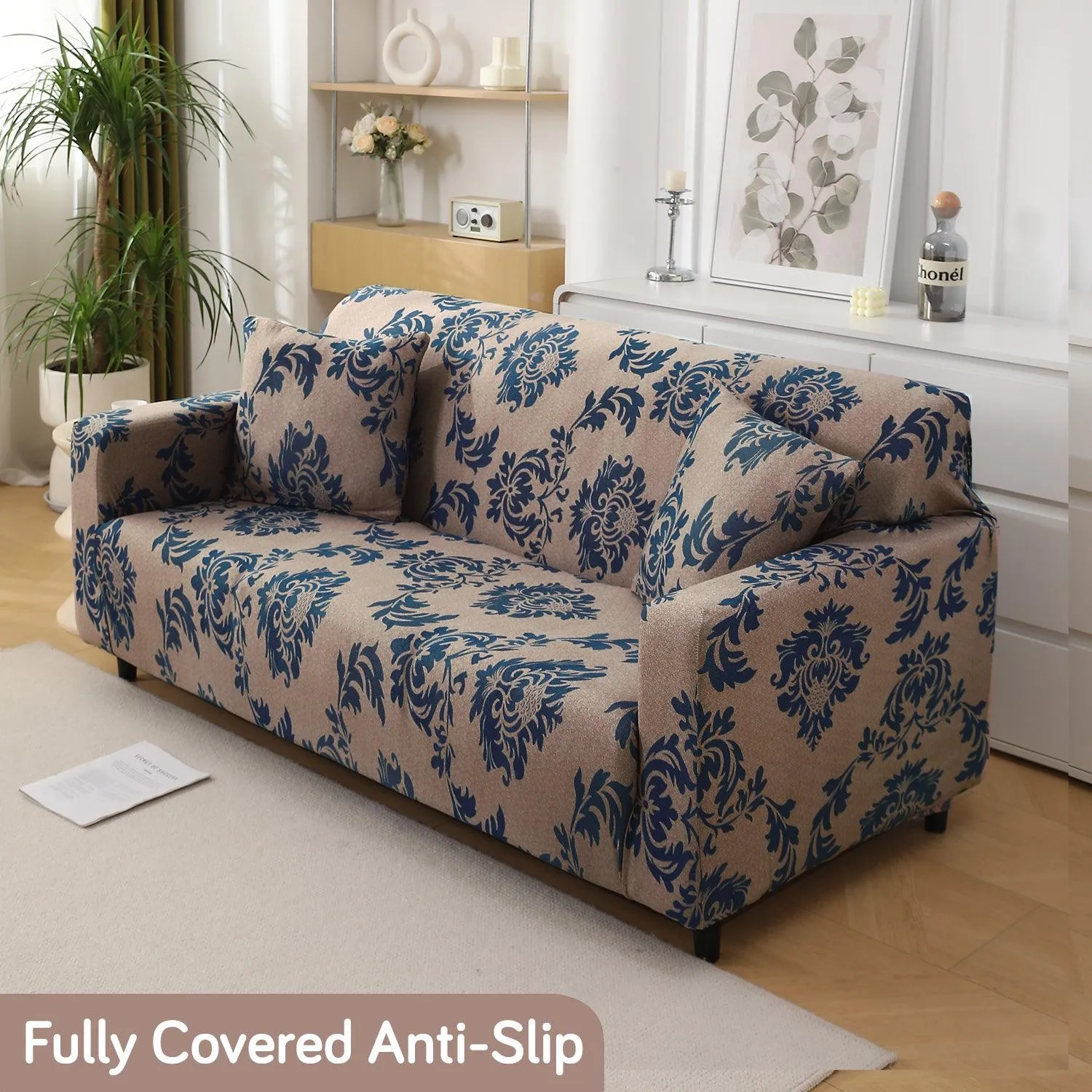 Light Coffee Lotus Damask Printed Stretchable Sofa Cover