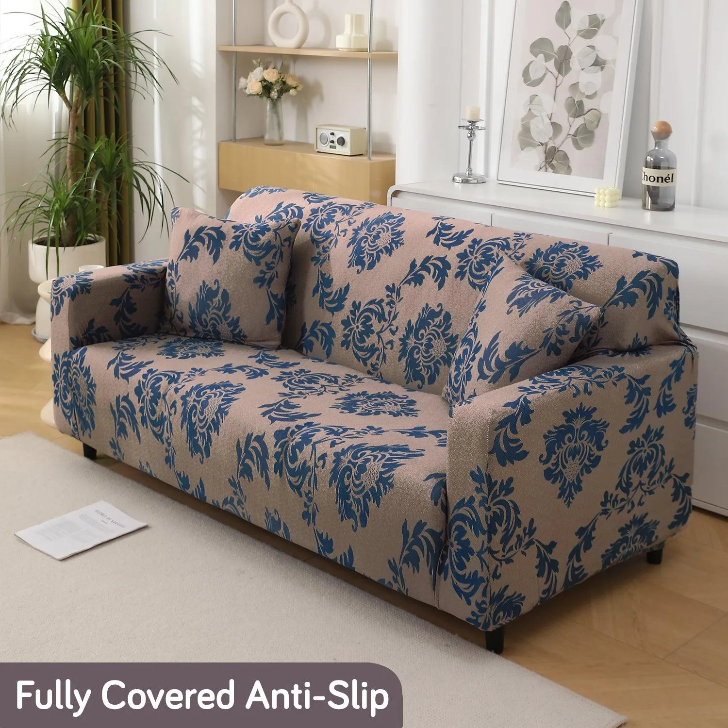 Light Coffee Lotus Damask Printed Stretchable Sofa Cover