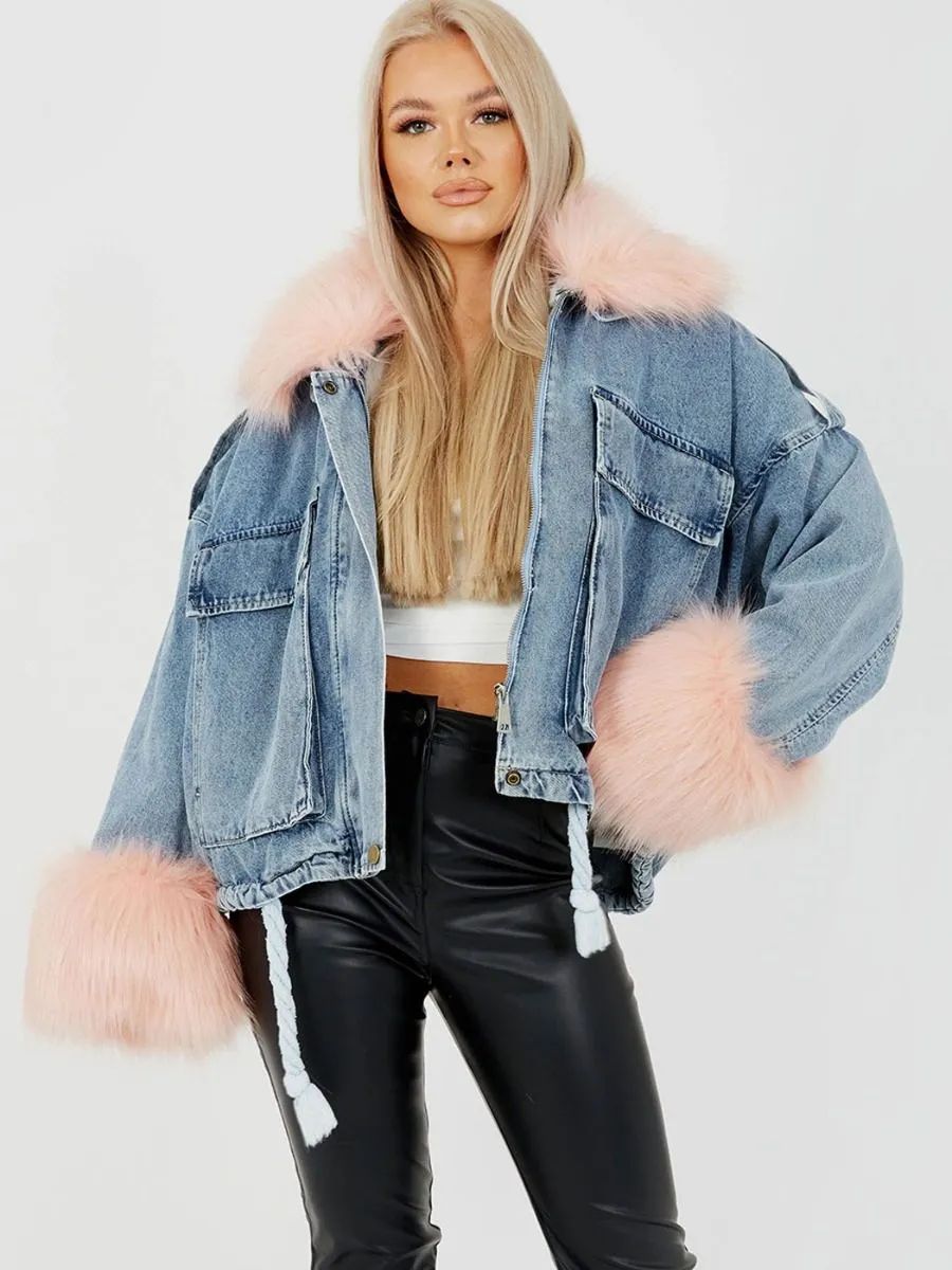 Lila Oversized Faux Fur Lined Denim Jacket In Pink