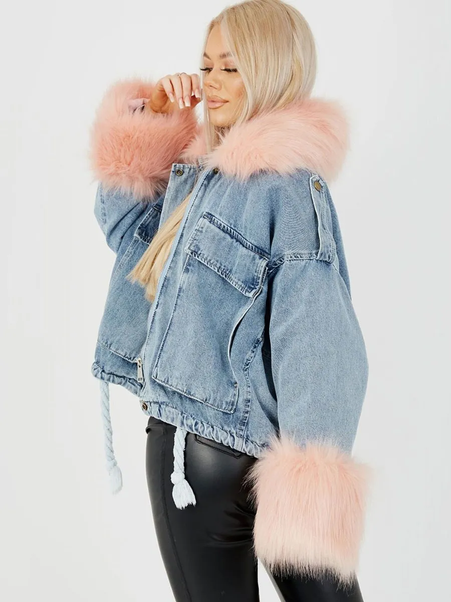 Lila Oversized Faux Fur Lined Denim Jacket In Pink