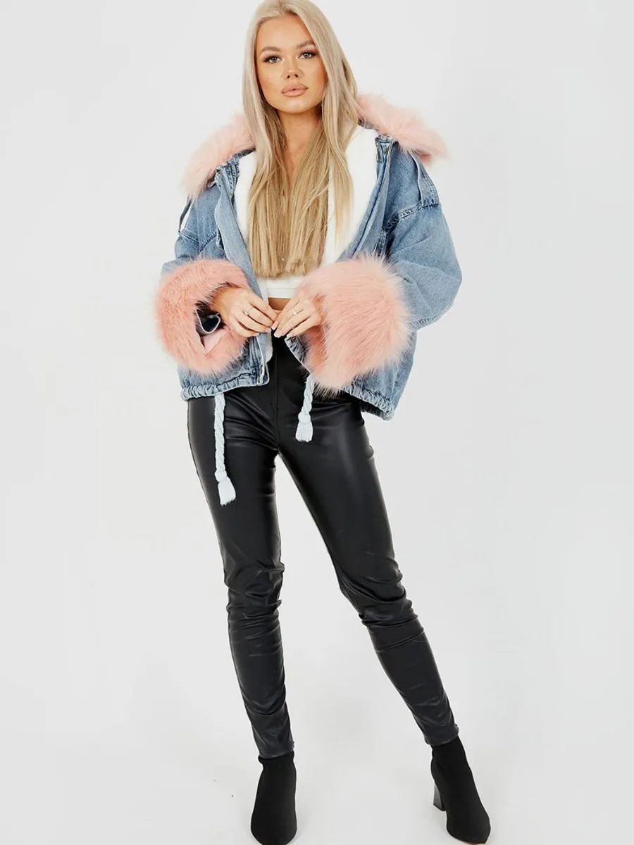 Lila Oversized Faux Fur Lined Denim Jacket In Pink