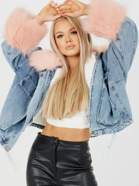 Lila Oversized Faux Fur Lined Denim Jacket In Pink