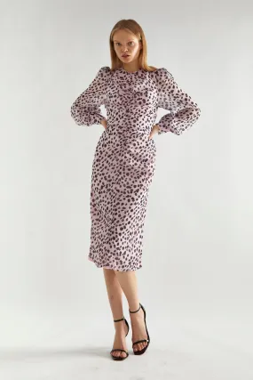 Lilac-Dalmatian Ruched-Front Midi-Dress